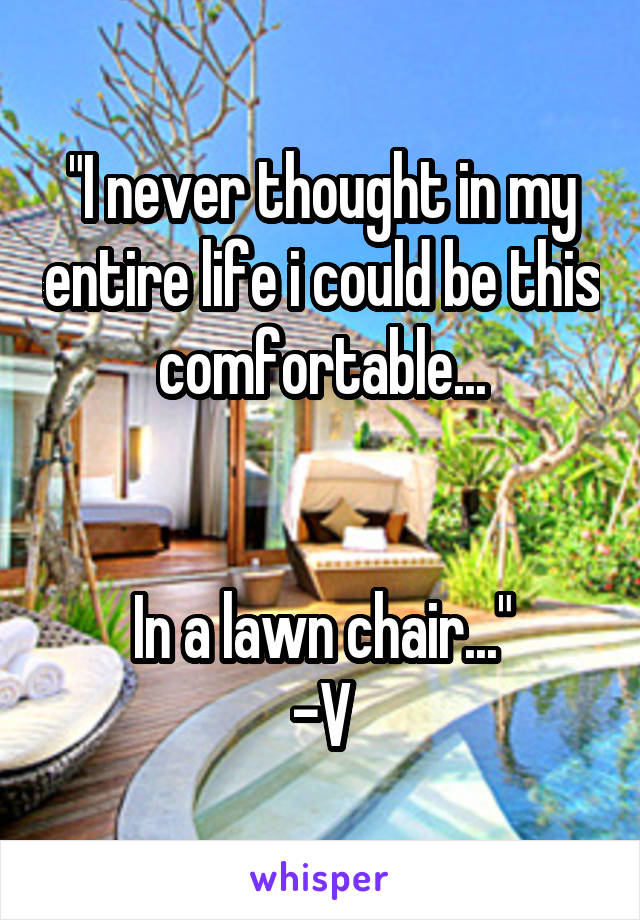 "I never thought in my entire life i could be this comfortable...


In a lawn chair..."
-V