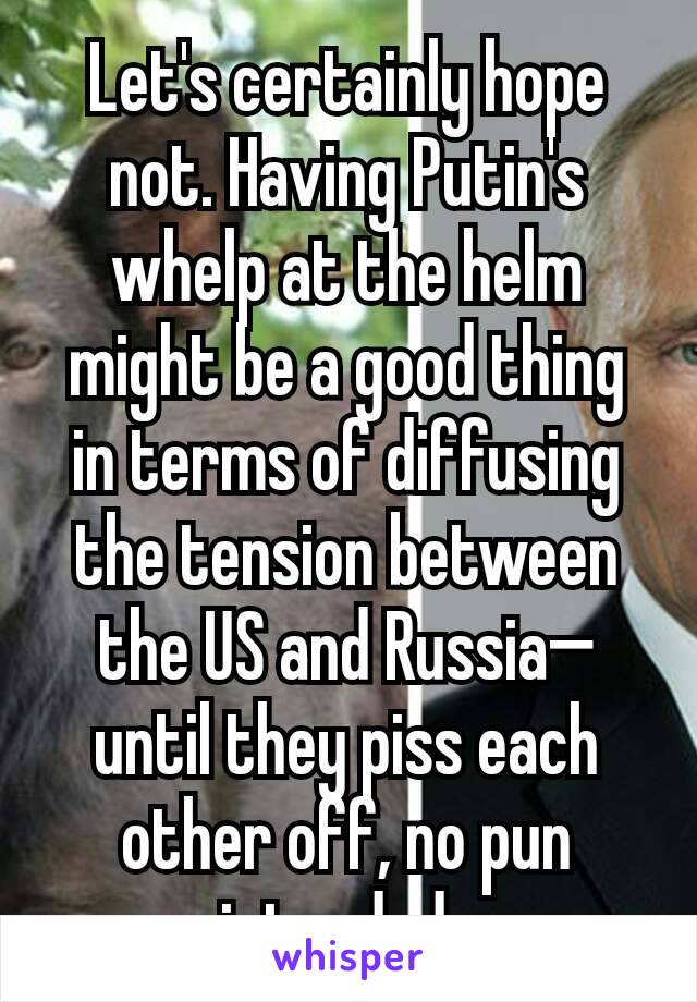 Let's certainly hope not. Having Putin's whelp at the helm might be a good thing in terms of diffusing the tension between the US and Russia— until they piss each other off, no pun intended. 