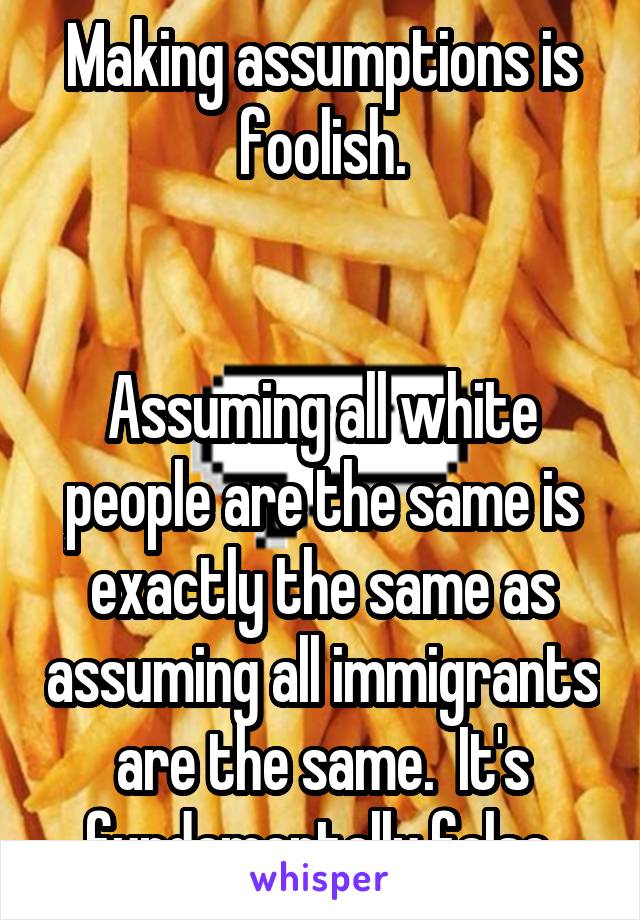 Making assumptions is foolish.


Assuming all white people are the same is exactly the same as assuming all immigrants are the same.  It's fundamentally false.