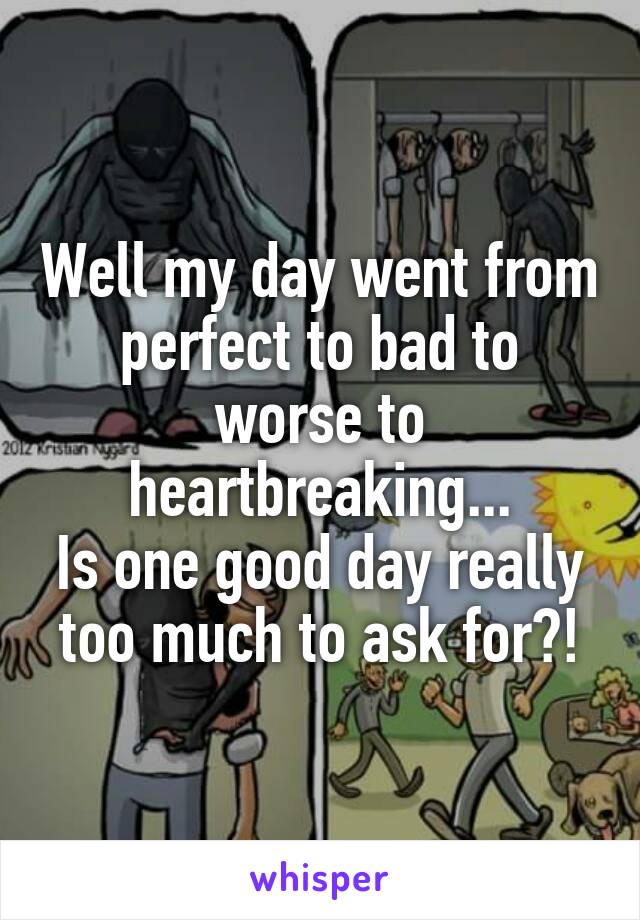 Well my day went from perfect to bad to worse to heartbreaking...
Is one good day really too much to ask for?!