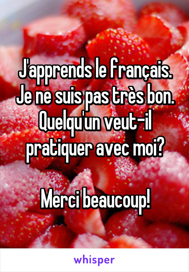 J'apprends le français. Je ne suis pas très bon. Quelqu'un veut-il pratiquer avec moi?

Merci beaucoup!