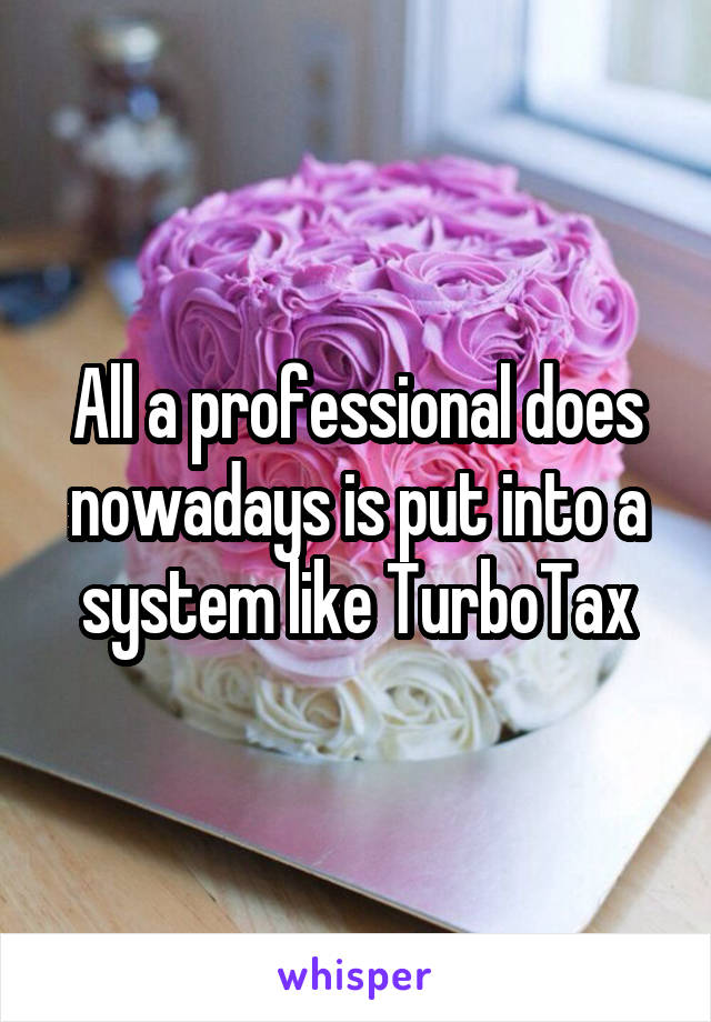 All a professional does nowadays is put into a system like TurboTax