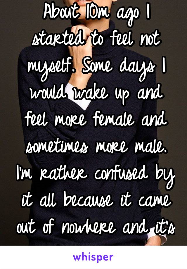 About 10m ago I started to feel not myself. Some days I would wake up and feel more female and sometimes more male. I'm rather confused by it all because it came out of nowhere and it's not going away