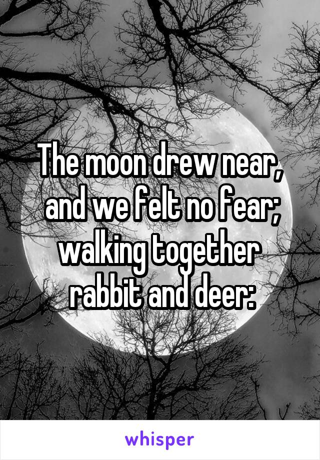 The moon drew near, 
and we felt no fear; walking together 
rabbit and deer: