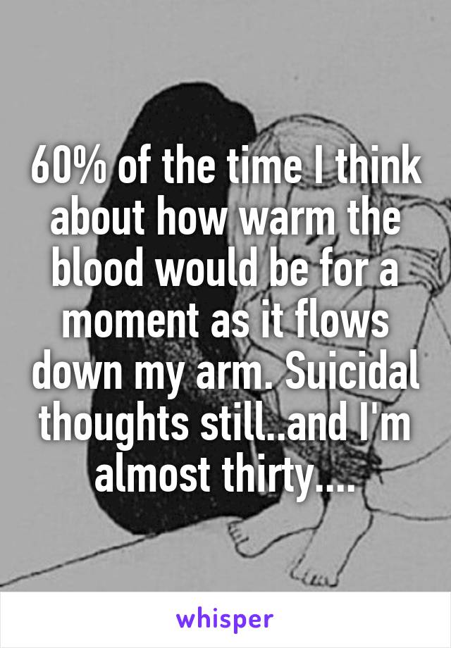 60% of the time I think about how warm the blood would be for a moment as it flows down my arm. Suicidal thoughts still..and I'm almost thirty....