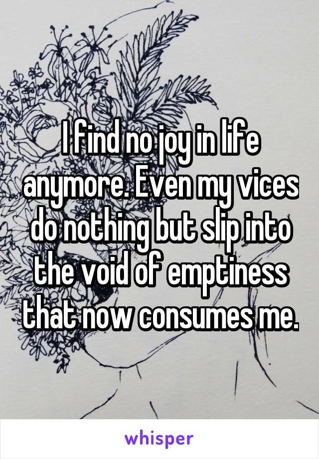 I find no joy in life anymore. Even my vices do nothing but slip into the void of emptiness that now consumes me.