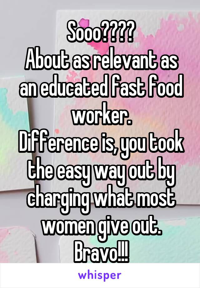 Sooo????
About as relevant as an educated fast food worker.
Difference is, you took the easy way out by charging what most women give out.
Bravo!!!
