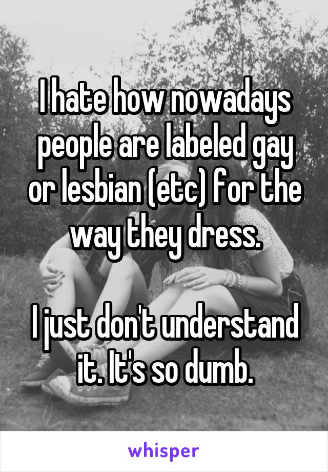 I hate how nowadays people are labeled gay or lesbian (etc) for the way they dress.

I just don't understand it. It's so dumb.