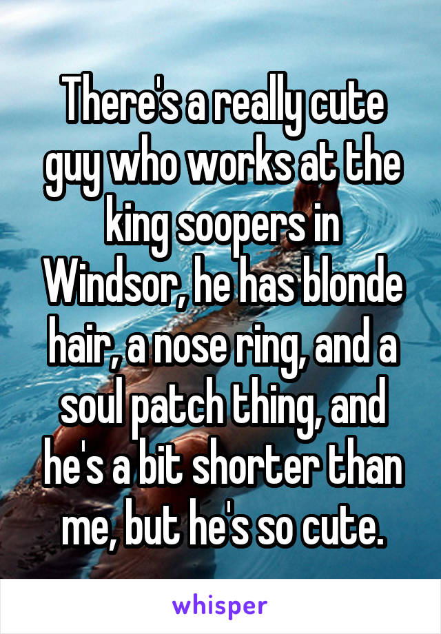 There's a really cute guy who works at the king soopers in Windsor, he has blonde hair, a nose ring, and a soul patch thing, and he's a bit shorter than me, but he's so cute.