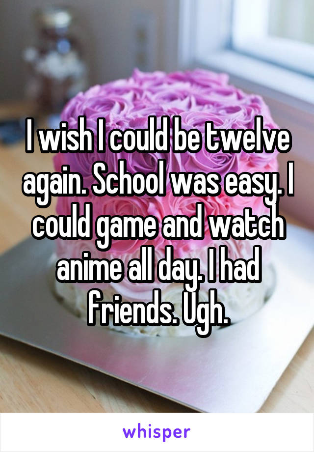 I wish I could be twelve again. School was easy. I could game and watch anime all day. I had friends. Ugh.