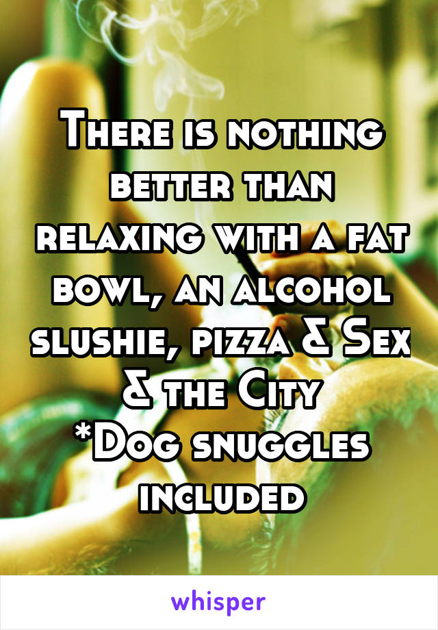 There is nothing better than relaxing with a fat bowl, an alcohol slushie, pizza & Sex & the City
*Dog snuggles included