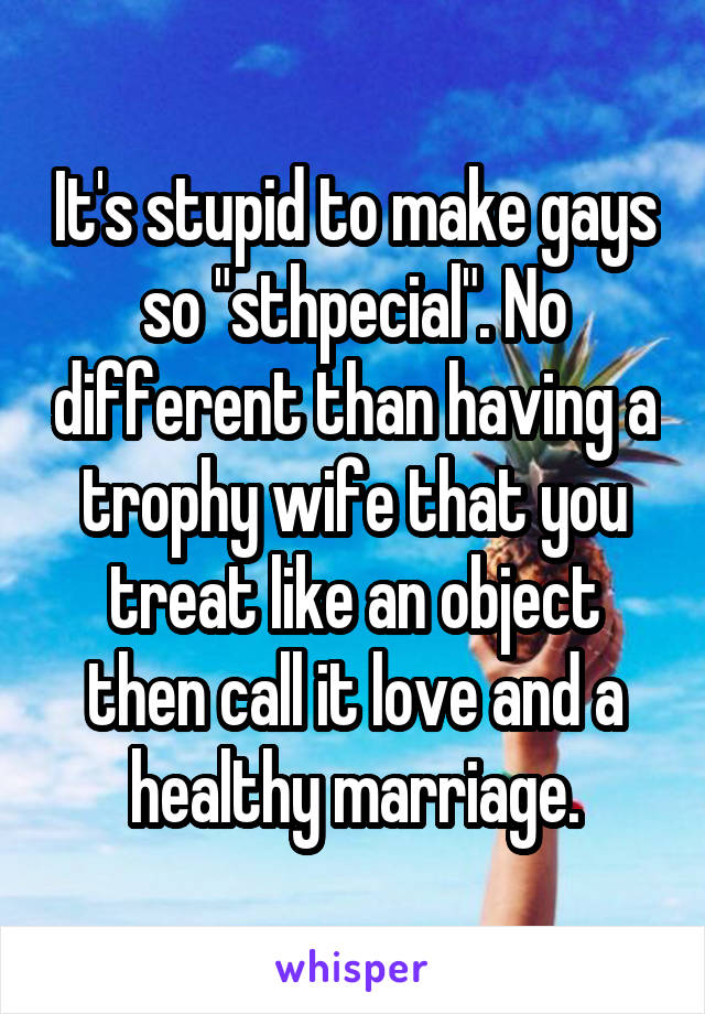 It's stupid to make gays so "sthpecial". No different than having a trophy wife that you treat like an object then call it love and a healthy marriage.