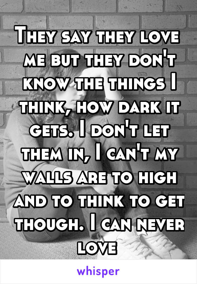 They say they love  me but they don't know the things I think, how dark it gets. I don't let them in, I can't my walls are to high and to think to get though. I can never love 