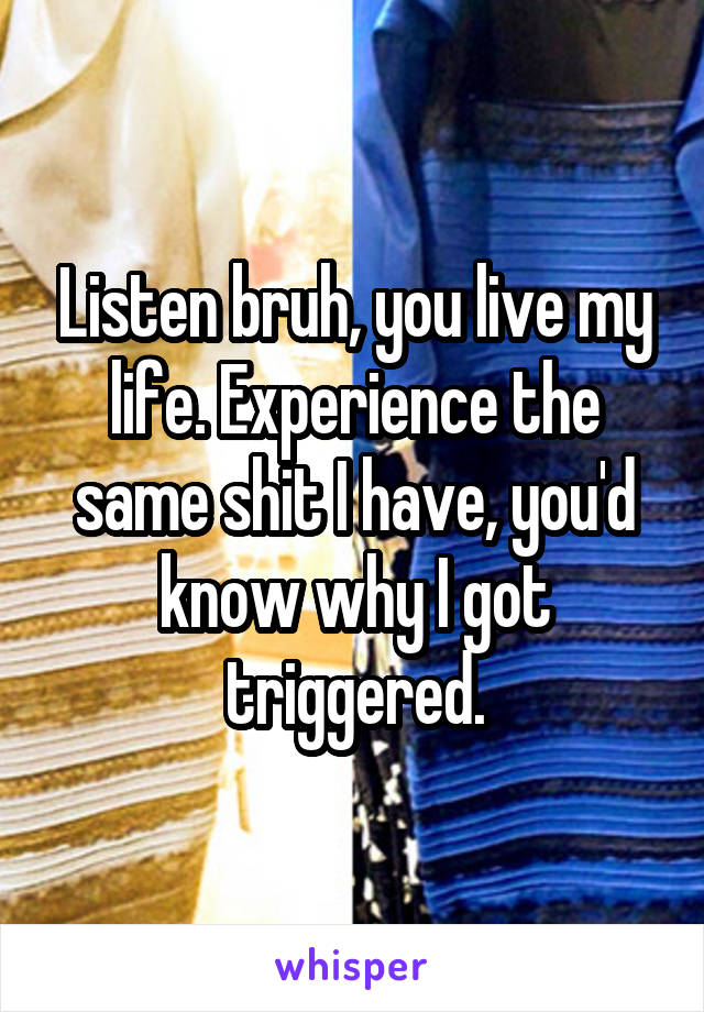 Listen bruh, you live my life. Experience the same shit I have, you'd know why I got triggered.