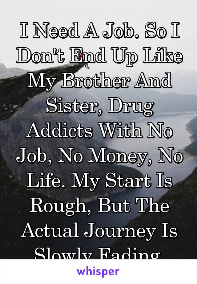 I Need A Job. So I Don't End Up Like My Brother And Sister, Drug Addicts With No Job, No Money, No Life. My Start Is Rough, But The Actual Journey Is Slowly Fading.