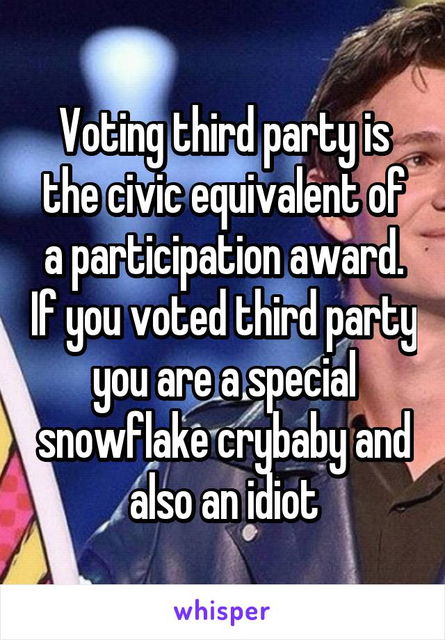 Voting third party is the civic equivalent of a participation award. If you voted third party you are a special snowflake crybaby and also an idiot