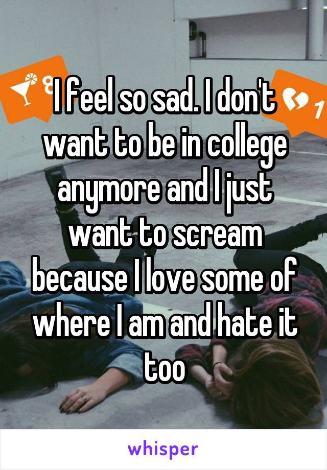 I feel so sad. I don't want to be in college anymore and I just want to scream because I love some of where I am and hate it too