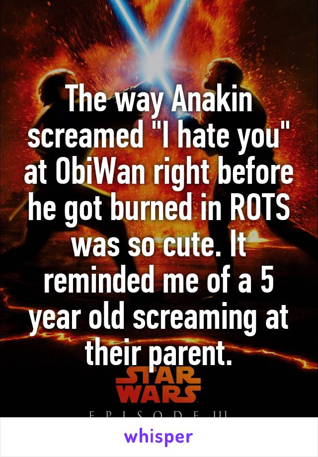 The way Anakin screamed "I hate you" at ObiWan right before he got burned in ROTS was so cute. It reminded me of a 5 year old screaming at their parent.