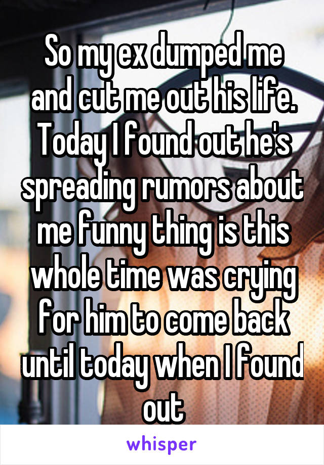 So my ex dumped me and cut me out his life. Today I found out he's spreading rumors about me funny thing is this whole time was crying for him to come back until today when I found out