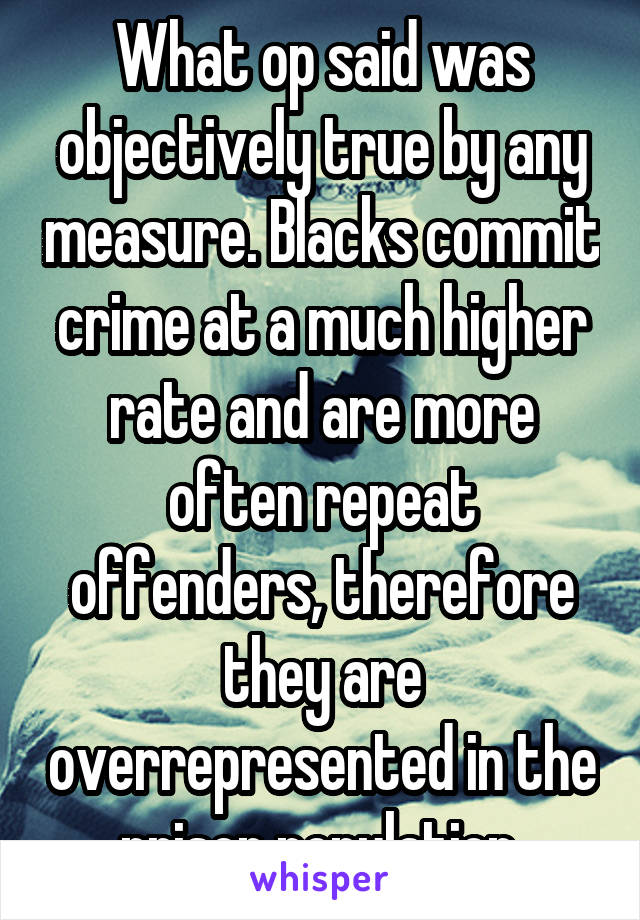 What op said was objectively true by any measure. Blacks commit crime at a much higher rate and are more often repeat offenders, therefore they are overrepresented in the prison population.