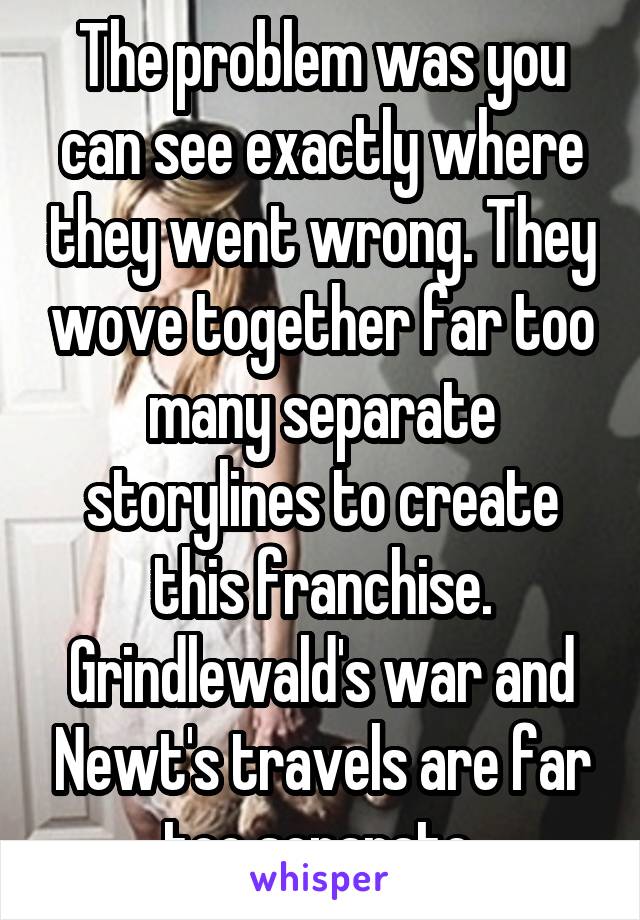 The problem was you can see exactly where they went wrong. They wove together far too many separate storylines to create this franchise. Grindlewald's war and Newt's travels are far too separate.