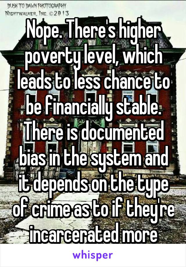 Nope. There's higher poverty level, which leads to less chance to be financially stable. There is documented bias in the system and it depends on the type of crime as to if they're incarcerated more