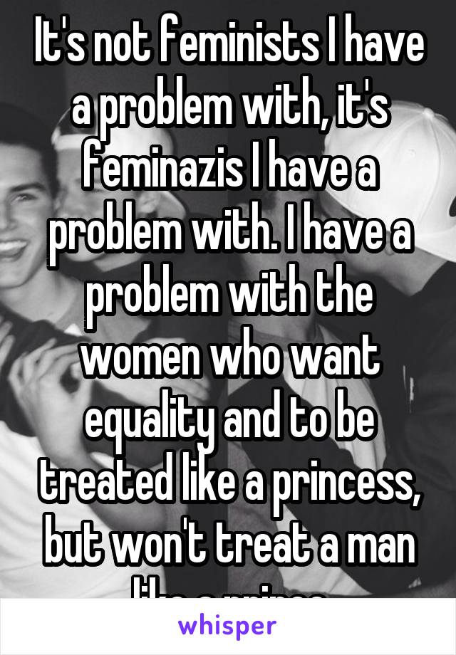 It's not feminists I have a problem with, it's feminazis I have a problem with. I have a problem with the women who want equality and to be treated like a princess, but won't treat a man like a prince