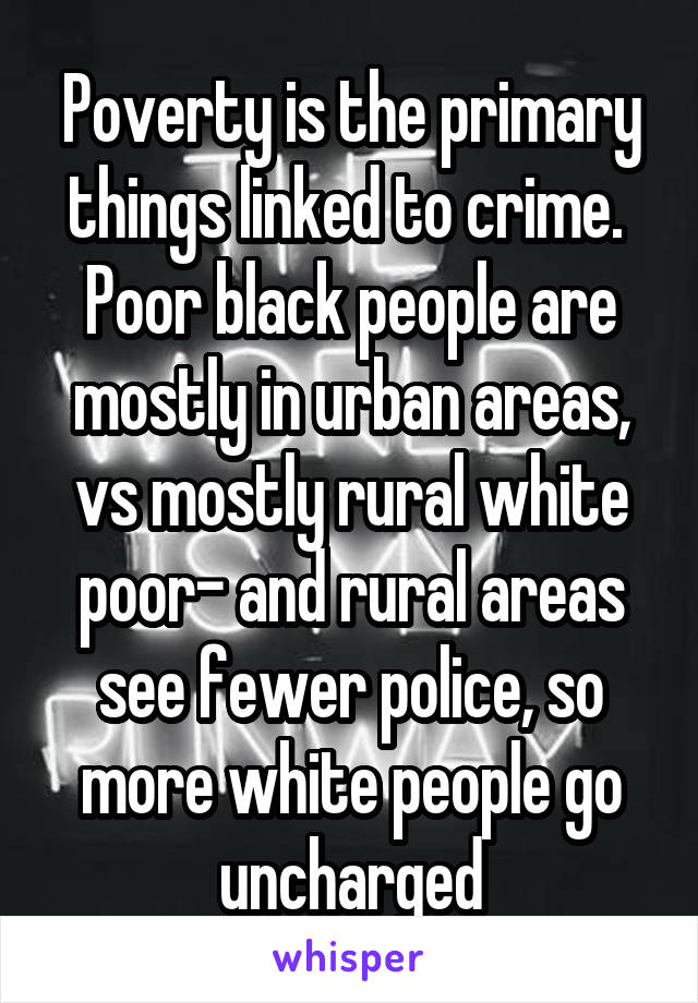 Poverty is the primary things linked to crime.  Poor black people are mostly in urban areas, vs mostly rural white poor- and rural areas see fewer police, so more white people go uncharged