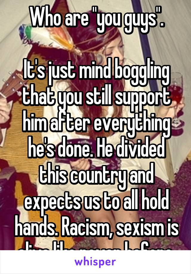 Who are "you guys".

It's just mind boggling that you still support him after everything he's done. He divided this country and expects us to all hold hands. Racism, sexism is alive like never before.