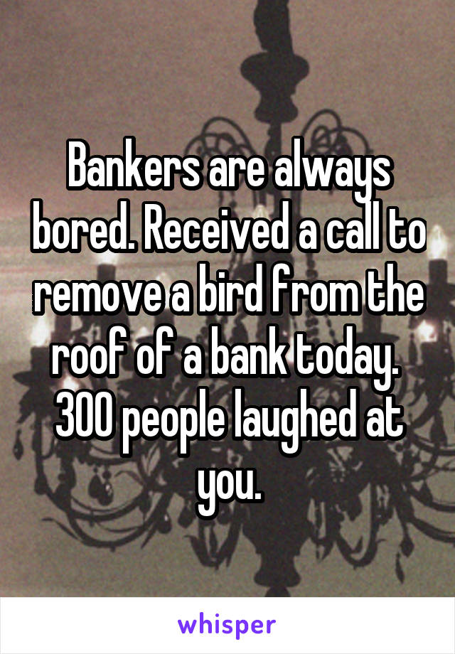 Bankers are always bored. Received a call to remove a bird from the roof of a bank today. 
300 people laughed at you.