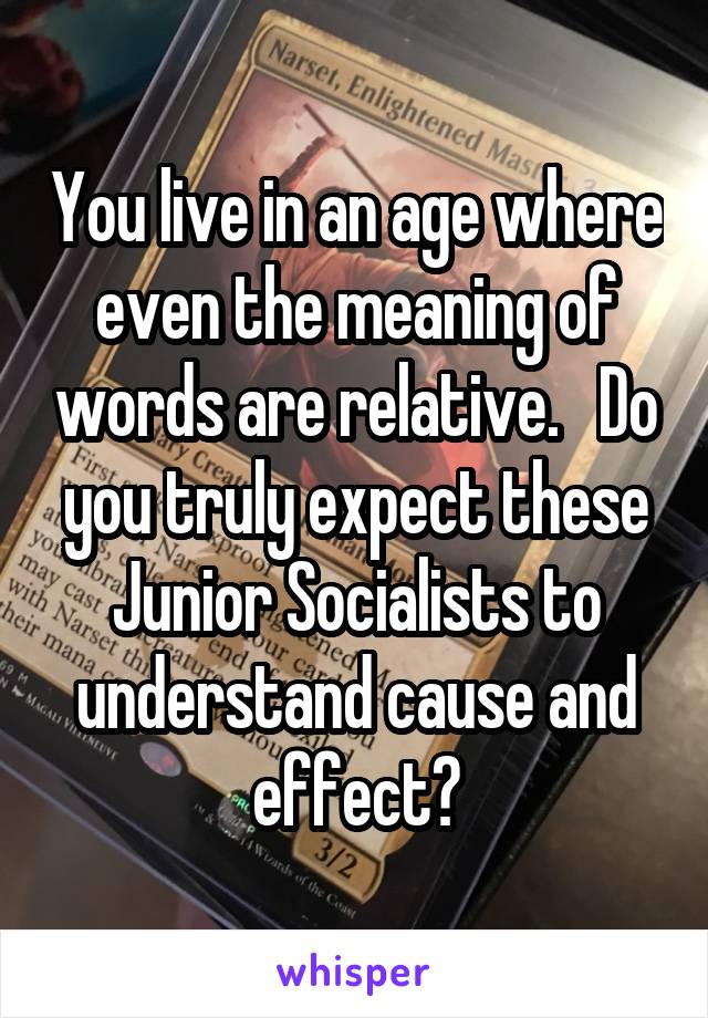 You live in an age where even the meaning of words are relative.   Do you truly expect these Junior Socialists to understand cause and effect?