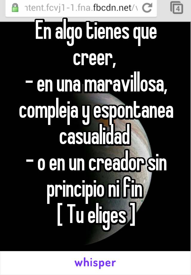 En algo tienes que creer, 
- en una maravillosa, compleja y espontanea casualidad 
- o en un creador sin principio ni fin 
[ Tu eliges ]
