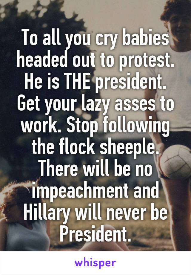 To all you cry babies headed out to protest. He is THE president. Get your lazy asses to work. Stop following the flock sheeple.
There will be no impeachment and Hillary will never be President.