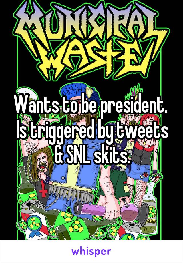 Wants to be president. 
Is triggered by tweets & SNL skits.