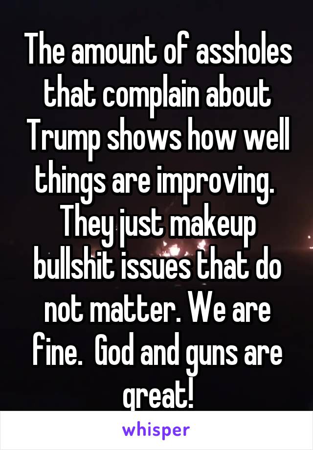 The amount of assholes that complain about Trump shows how well things are improving.  They just makeup bullshit issues that do not matter. We are fine.  God and guns are great!