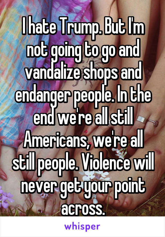 I hate Trump. But I'm not going to go and vandalize shops and endanger people. In the end we're all still Americans, we're all still people. Violence will never get your point across.