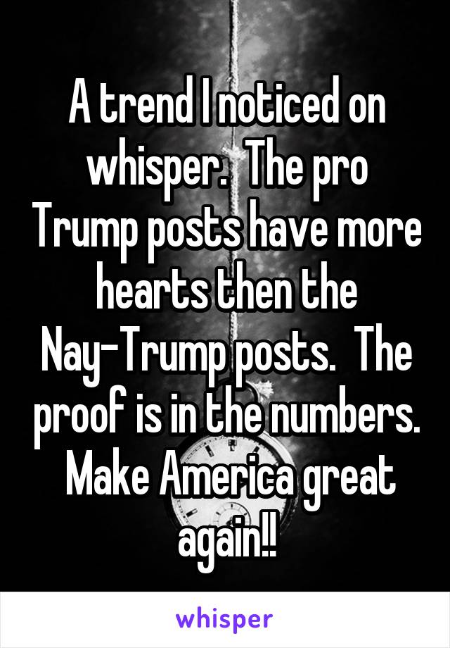 A trend I noticed on whisper.  The pro Trump posts have more hearts then the Nay-Trump posts.  The proof is in the numbers.  Make America great again!!