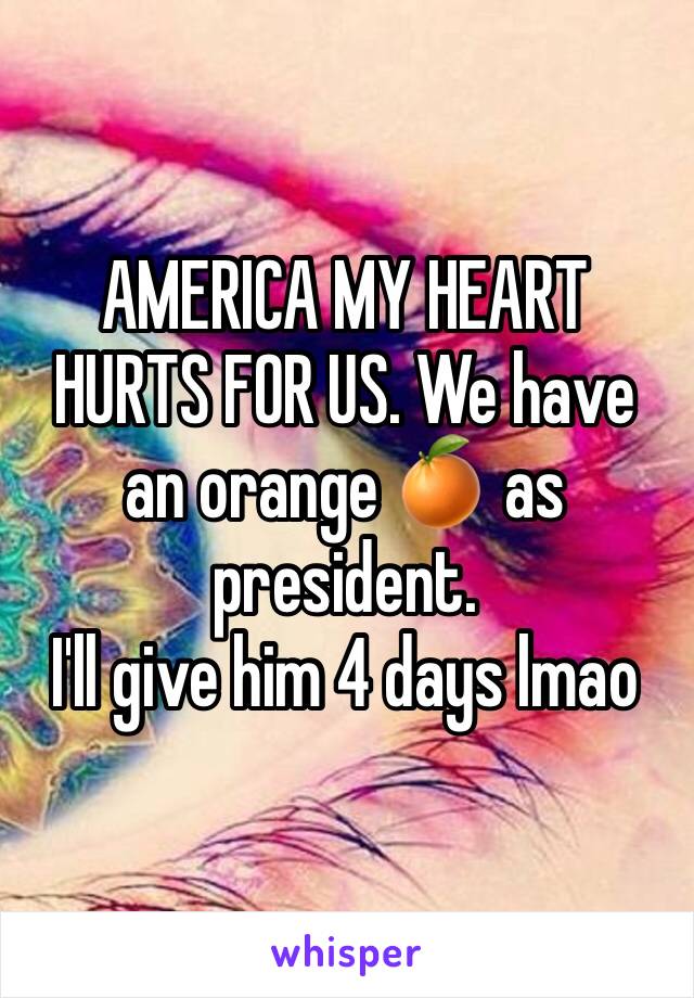 AMERICA MY HEART HURTS FOR US. We have an orange 🍊 as president. 
I'll give him 4 days lmao