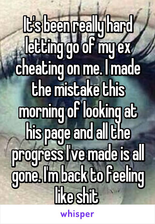 It's been really hard letting go of my ex cheating on me. I made the mistake this morning of looking at his page and all the progress I've made is all gone. I'm back to feeling like shit 