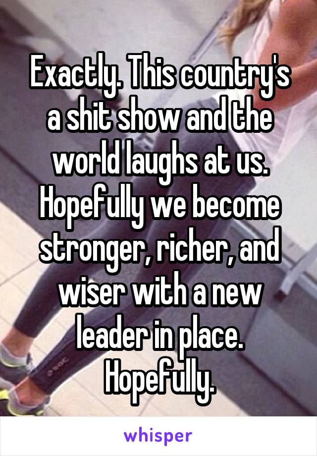 Exactly. This country's a shit show and the world laughs at us. Hopefully we become stronger, richer, and wiser with a new leader in place. Hopefully.