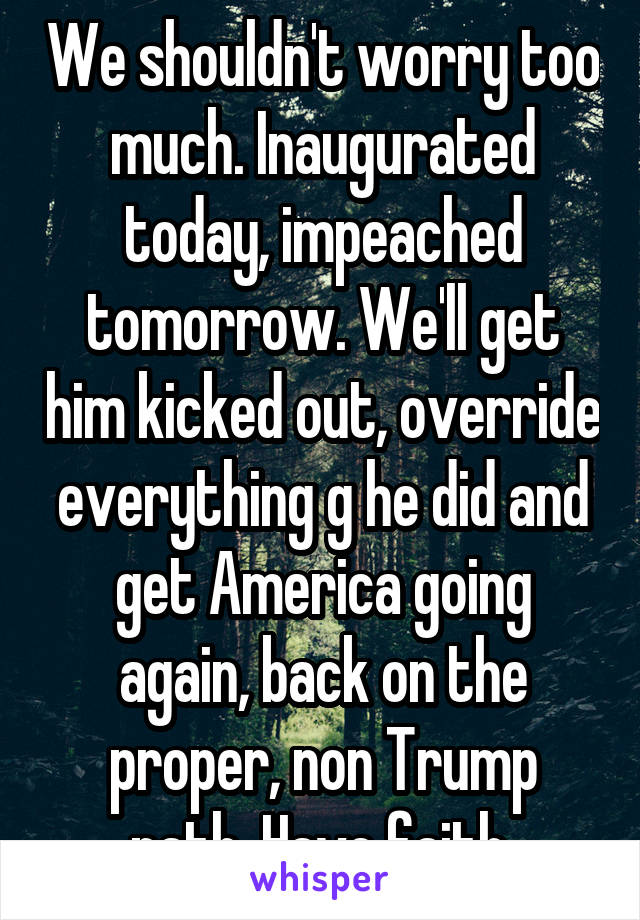 We shouldn't worry too much. Inaugurated today, impeached tomorrow. We'll get him kicked out, override everything g he did and get America going again, back on the proper, non Trump path. Have faith.