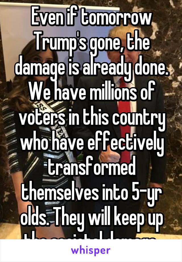 Even if tomorrow Trump's gone, the damage is already done. We have millions of voters in this country who have effectively transformed themselves into 5-yr olds. They will keep up the societal damage 