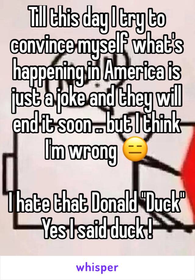 Till this day I try to convince myself what's happening in America is just a joke and they will end it soon .. but I think I'm wrong 😑

I hate that Donald "Duck"
Yes I said duck !