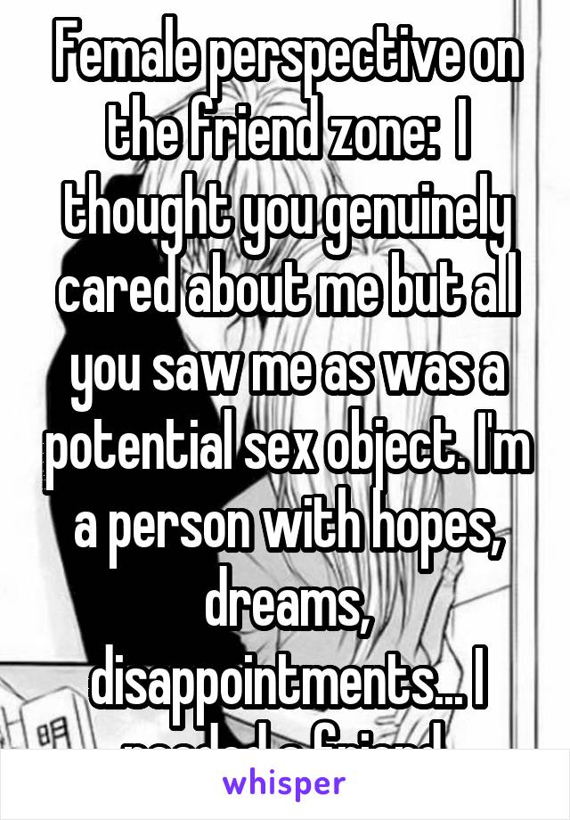 Female perspective on the friend zone:  I thought you genuinely cared about me but all you saw me as was a potential sex object. I'm a person with hopes, dreams, disappointments... I needed a friend.