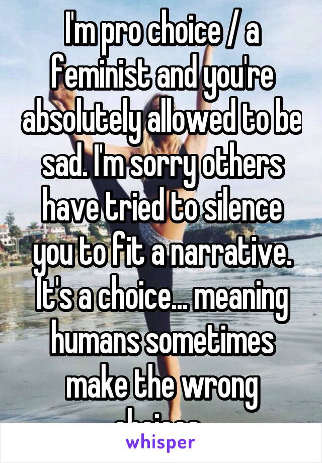 I'm pro choice / a feminist and you're absolutely allowed to be sad. I'm sorry others have tried to silence you to fit a narrative. It's a choice... meaning humans sometimes make the wrong choices. 