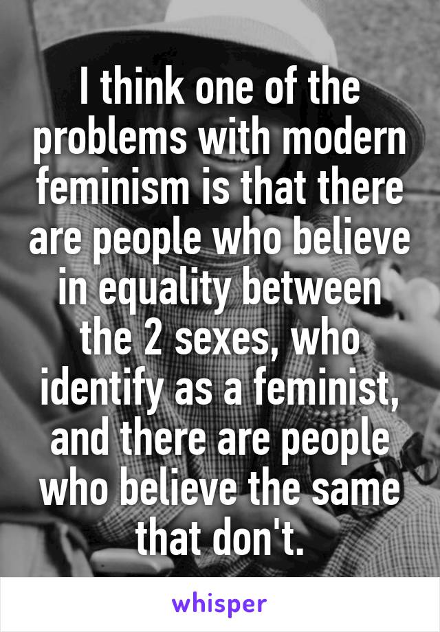 I think one of the problems with modern feminism is that there are people who believe in equality between the 2 sexes, who identify as a feminist, and there are people who believe the same that don't.