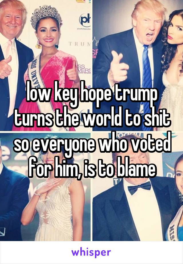 low key hope trump turns the world to shit so everyone who voted for him, is to blame