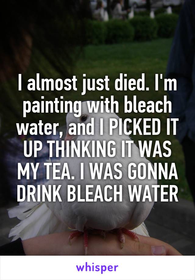 I almost just died. I'm painting with bleach water, and I PICKED IT UP THINKING IT WAS MY TEA. I WAS GONNA DRINK BLEACH WATER