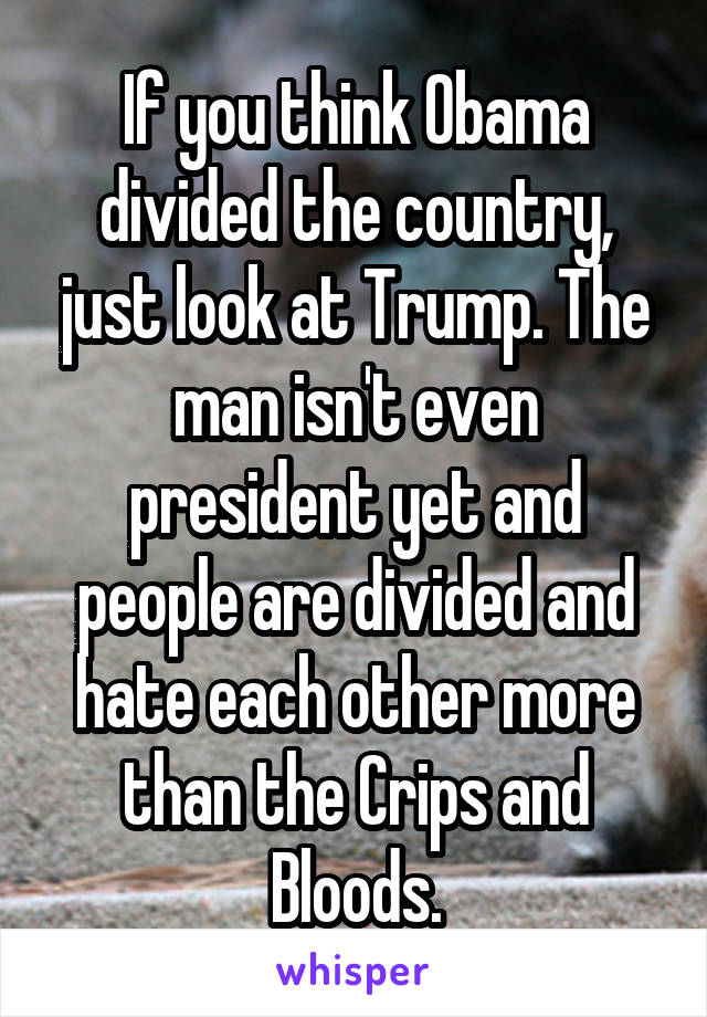 If you think Obama divided the country, just look at Trump. The man isn't even president yet and people are divided and hate each other more than the Crips and Bloods.