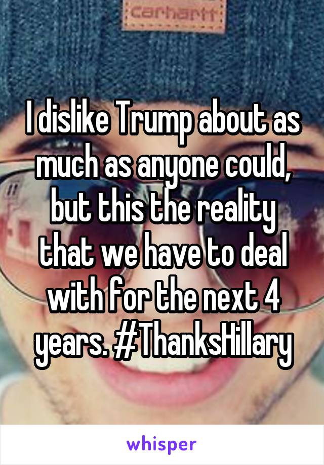 I dislike Trump about as much as anyone could, but this the reality that we have to deal with for the next 4 years. #ThanksHillary